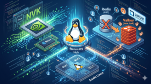 Infografía digital con logotipos de NVK NVIDIA, fork de Redis Valkey y soporte de GPU para Apple M1 y M2 en Asahi Linux.