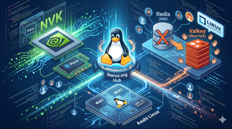 Infografía digital con logotipos de NVK NVIDIA, fork de Redis Valkey y soporte de GPU para Apple M1 y M2 en Asahi Linux.